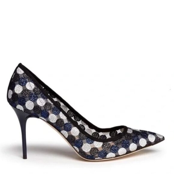 J. CREW COLLECTION 10.5 Elsie Polka Dot Mesh Stiletto Pumps Point Toe Navy Multi - Picture 1 of 11